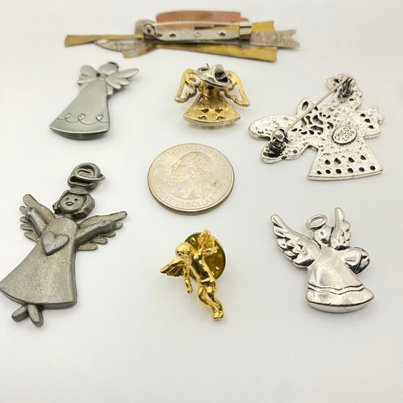 Lot of 7 Angel Pins and Pendants Brooch Gold Silver Tone - Picture 1 of 11